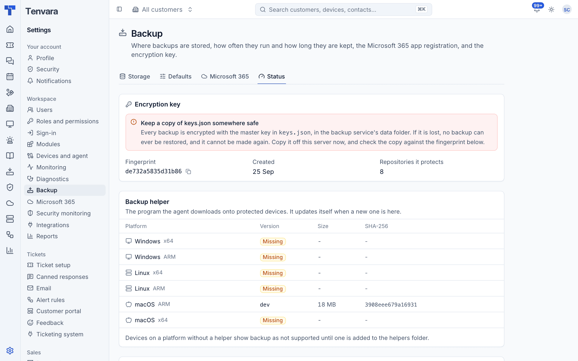 The Status tab with the encryption key warning, fingerprint and helper builds