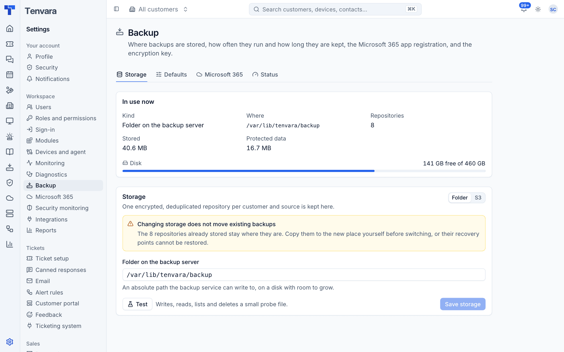 The Storage tab with the folder in use, repositories and disk space