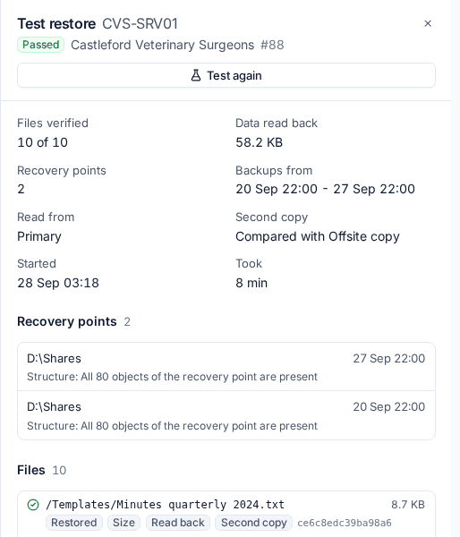 One test restore with each file's checks