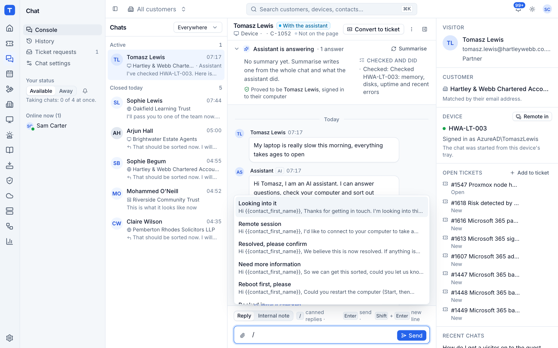 Searching canned replies with a slash in the message box
