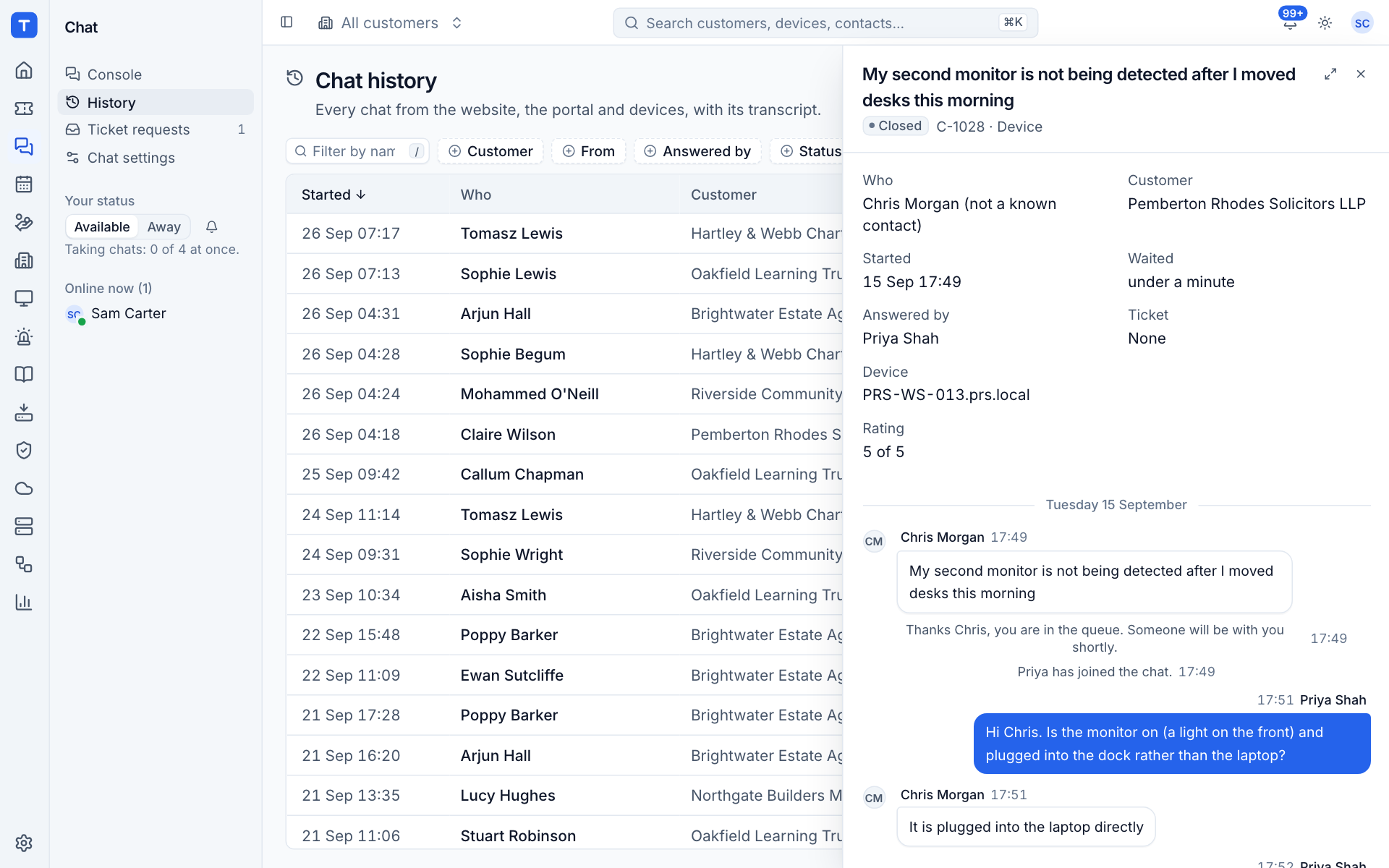 A chat transcript in the side panel