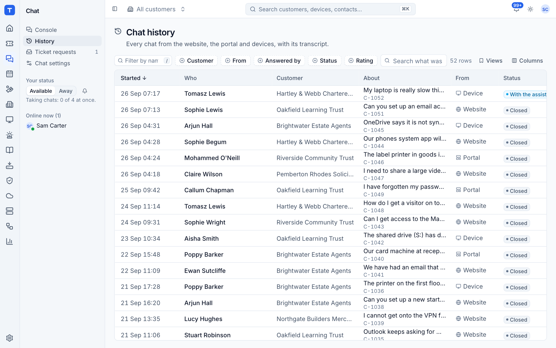 Chat history with filters and saved views