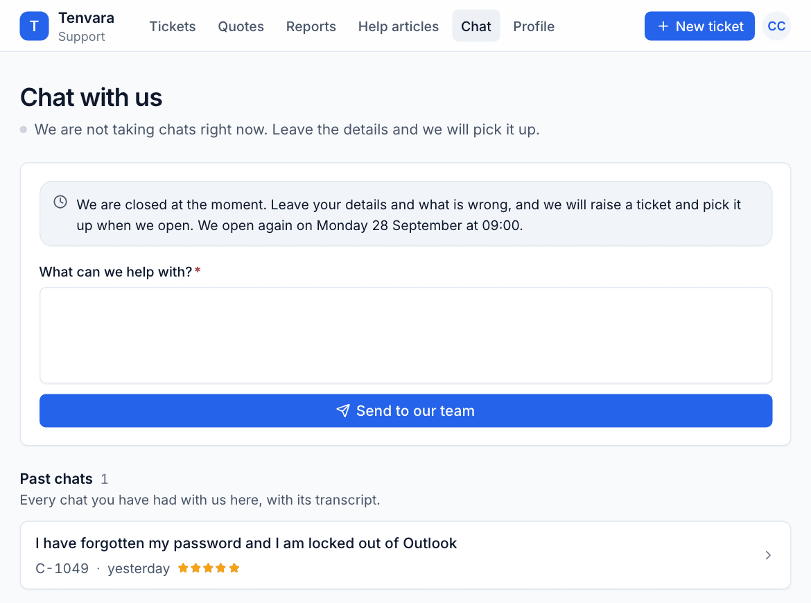 The Chat page in the customer portal while chat is closed