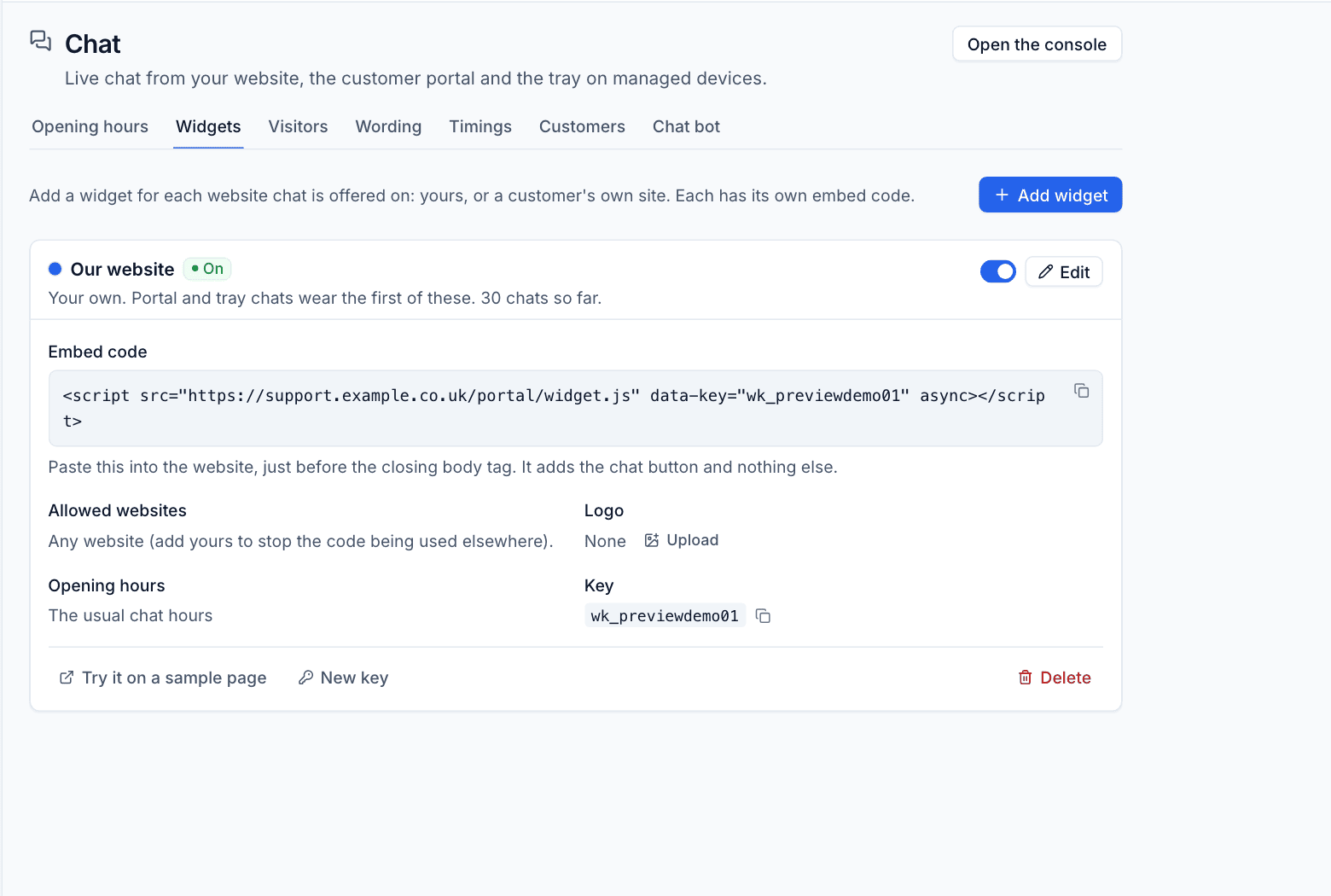 The Widgets tab with a widget's embed code, allowed websites and key