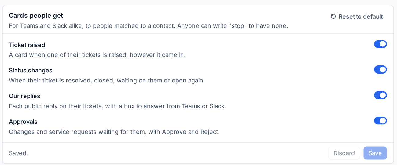 Cards people get: ticket raised, status changes, our replies and approvals