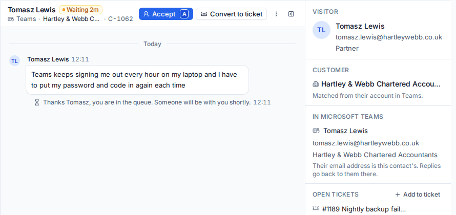 A chat from Microsoft Teams in the console, with the person matched to a contact