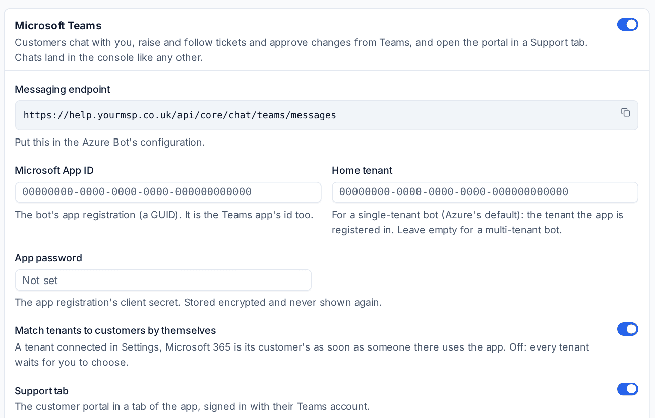 Teams settings: the messaging endpoint, the bot's app ID, home tenant and password, and the Support tab