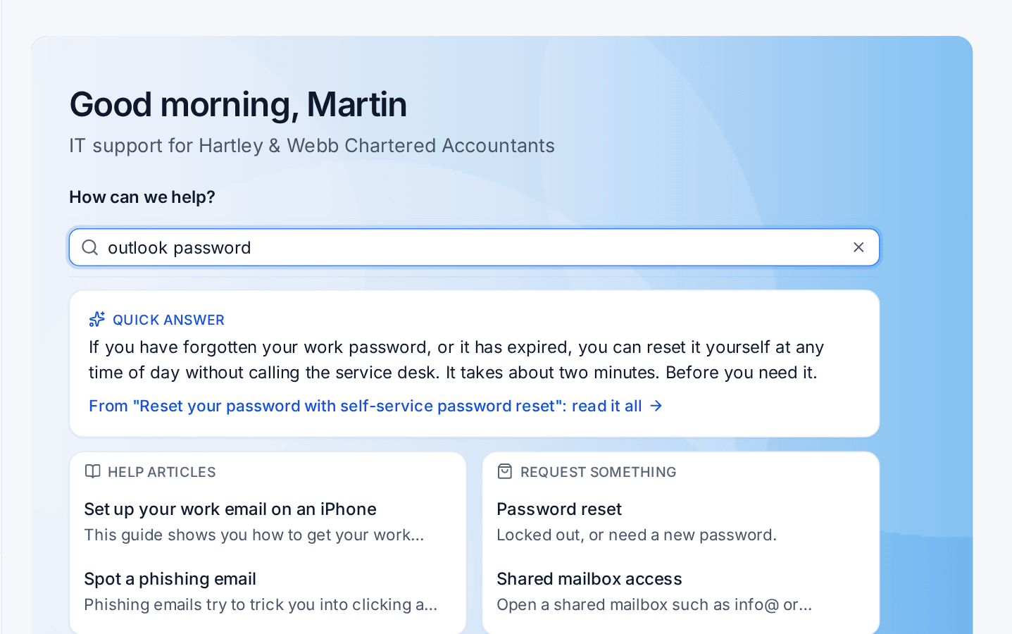 How can we help showing a quick answer, help articles and catalogue items for "outlook password"