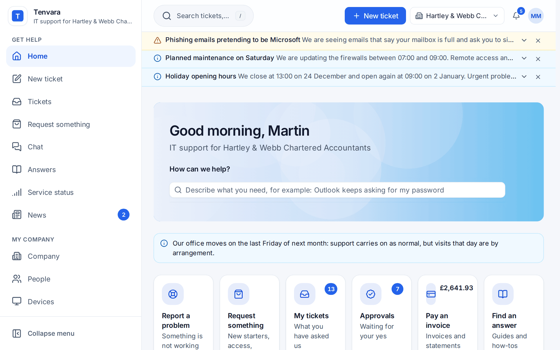The portal's Home: the greeting, How can we help, notices and the job tiles
