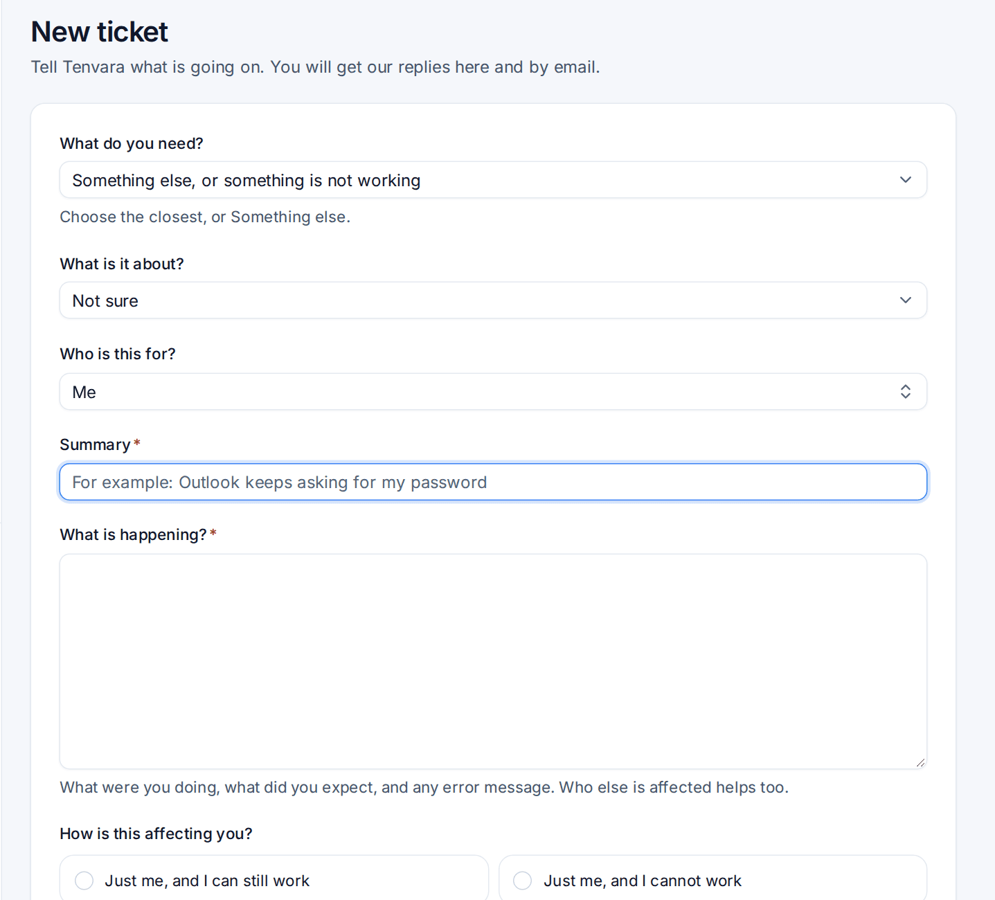 The portal's New ticket form