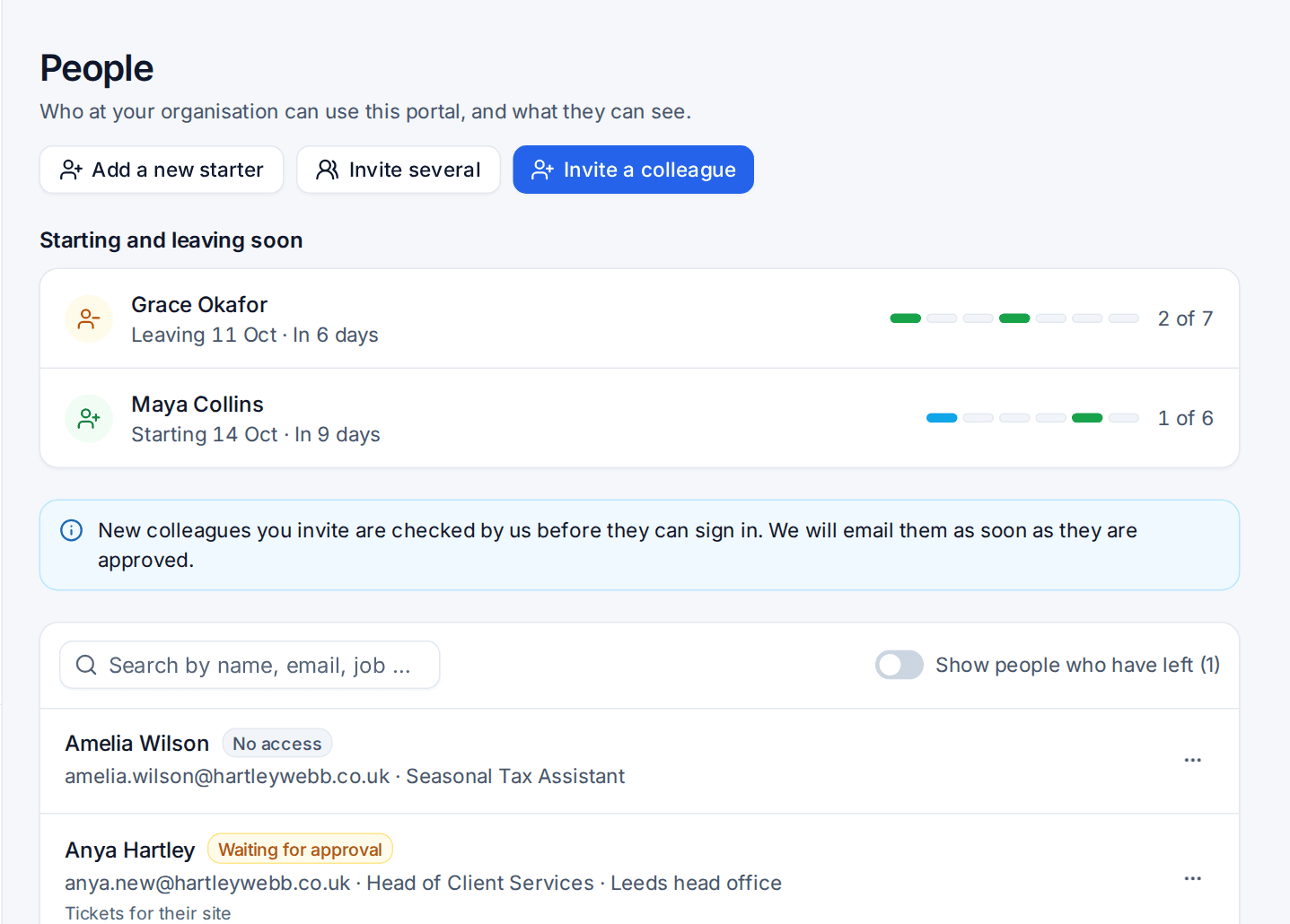 The People page with starters and leavers and the colleague list