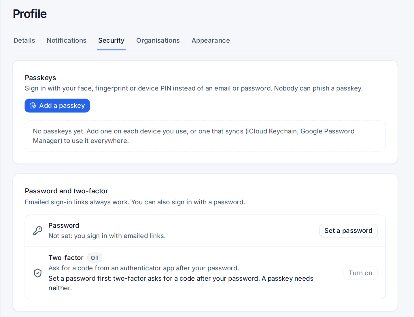 Profile, Security: passkeys, password and two-factor