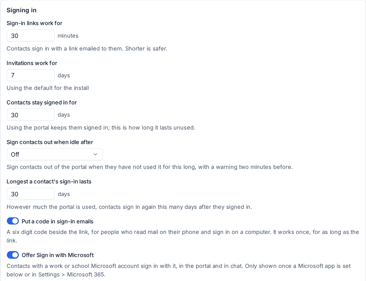Signing in settings: link lifetime, sessions, idle sign-out, sign-in codes and Microsoft