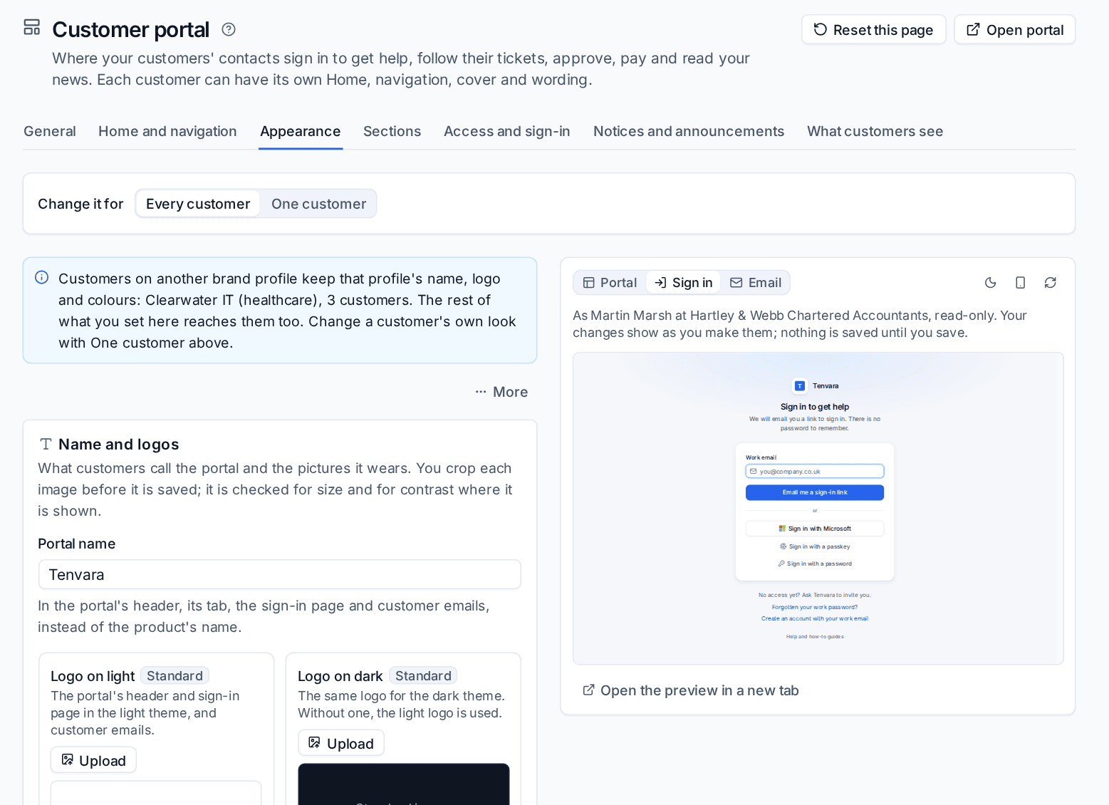 Appearance with its options on the left and the live preview of the sign-in page on the right