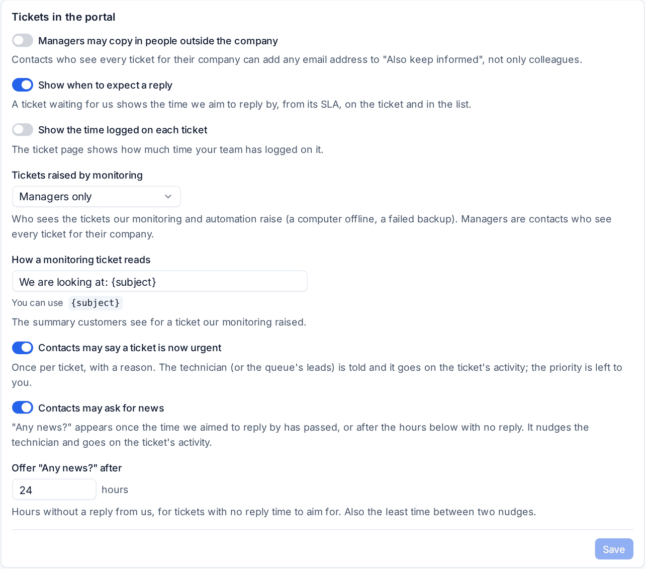 Tickets in the portal settings: copying in, expected reply, monitoring tickets, urgent and Any news