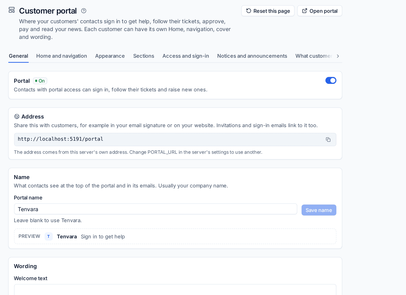 Settings, Customer portal, General tab