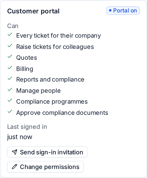 A contact's Customer portal card with what they can do and the invitation and permission buttons