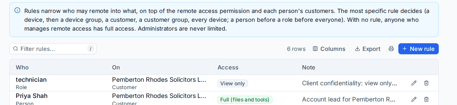 Access rules: a role with view only and a named person with full access on one customer