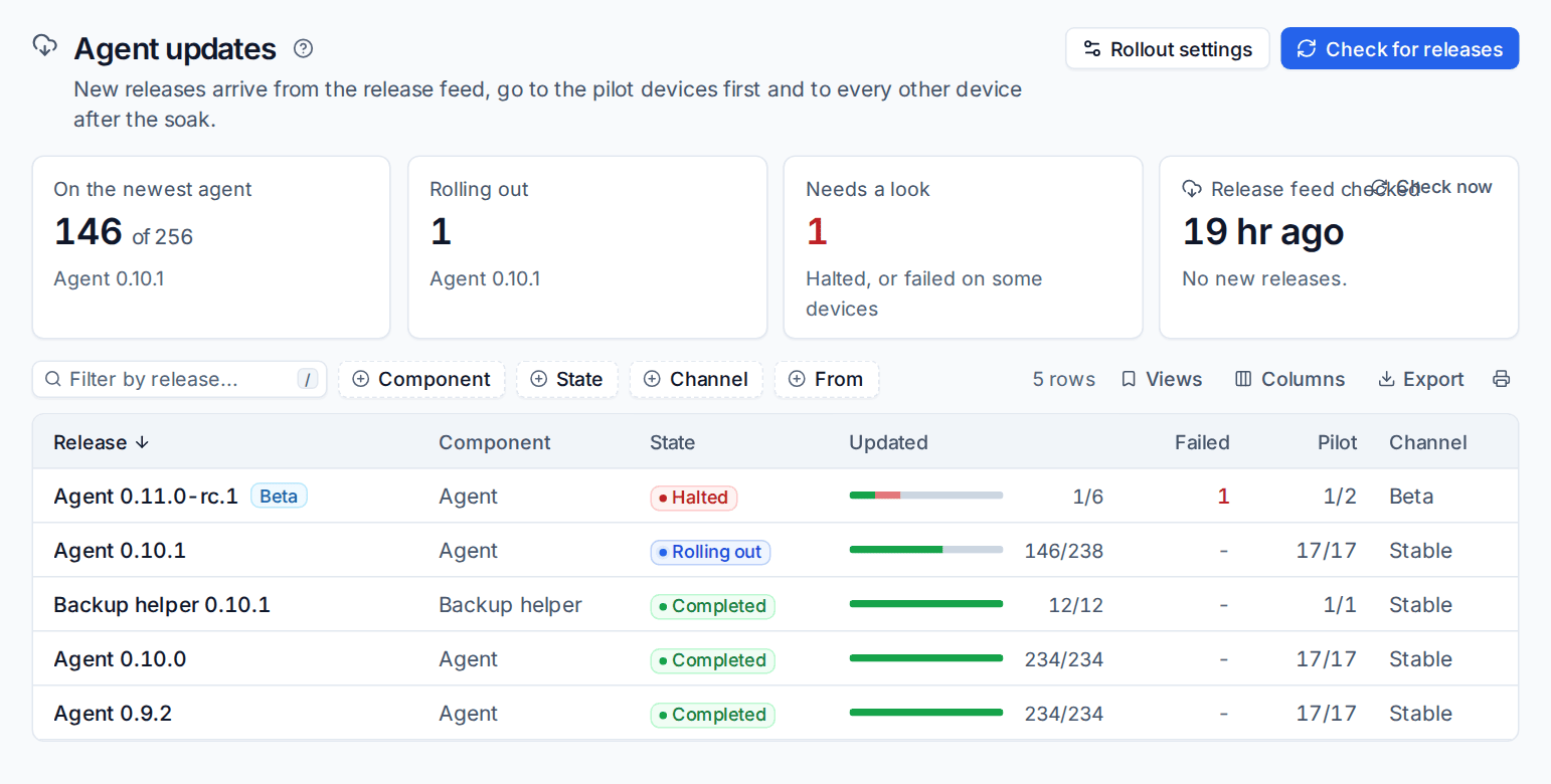 Agent updates: devices on the newest agent, rollouts in progress and the release feed