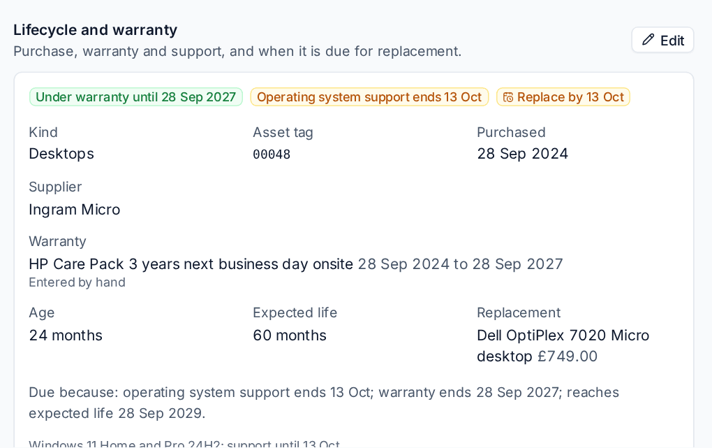 A device's lifecycle: warranty, operating system support, replace-by date, purchase details and why it is due