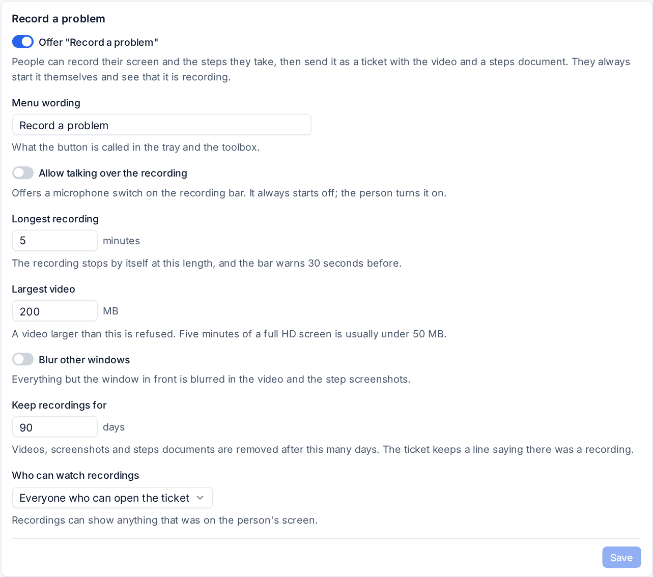 Record a problem settings
