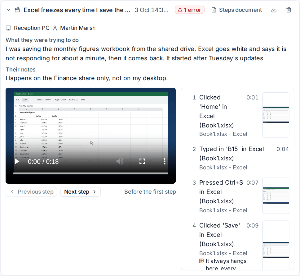 A recording on a ticket: the video beside its numbered steps
