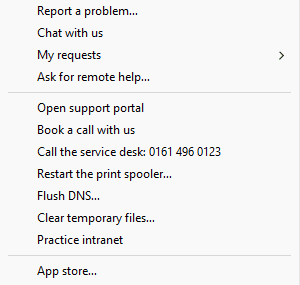 The tray menu on Windows with report a problem, chat, my requests, remote help, the MSP's own entries and the App store