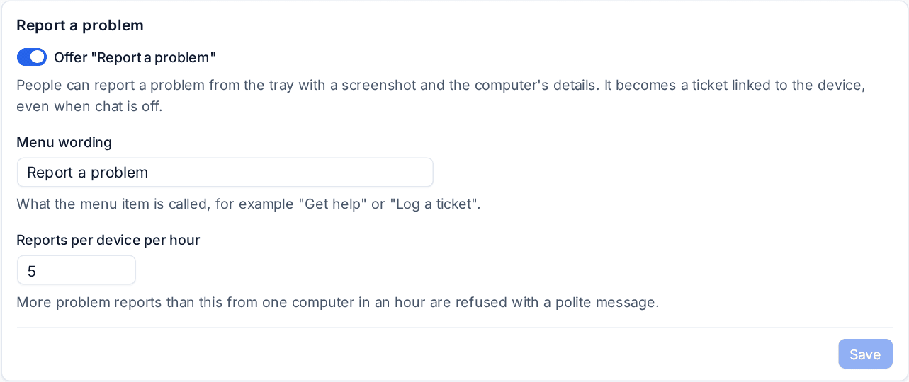 Report a problem settings