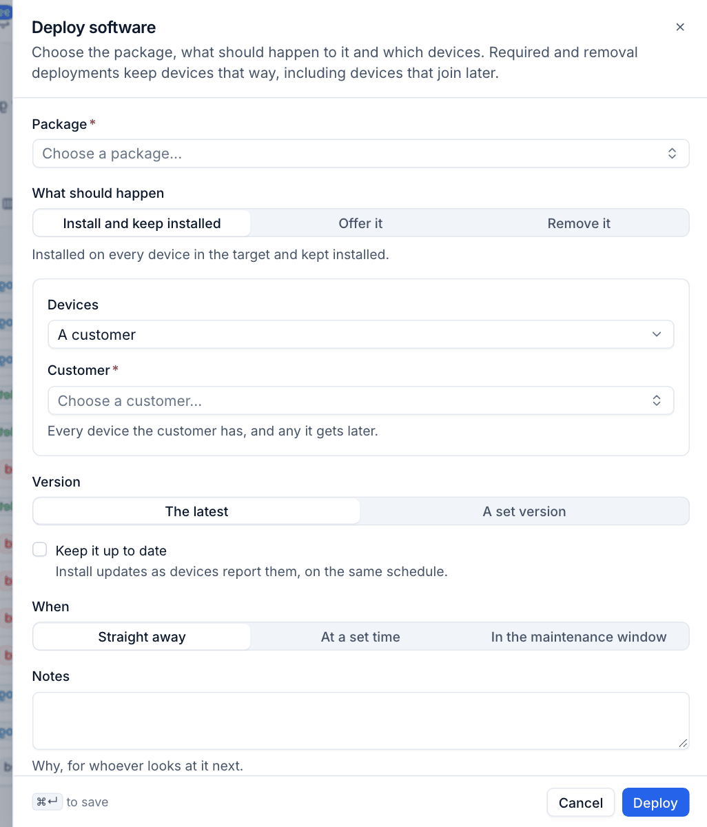 The Deploy software dialog