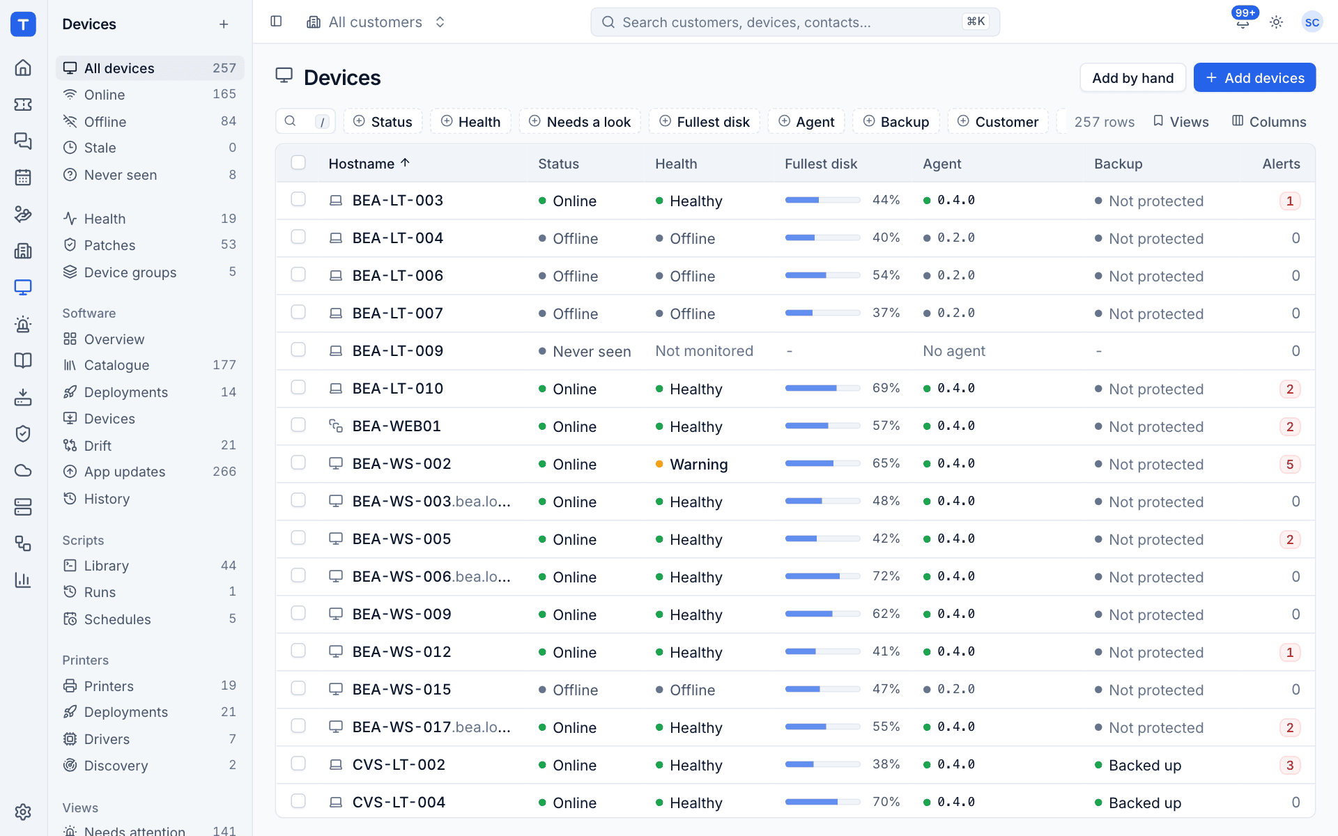 The device list with status, health, fullest disk, agent version and backup
