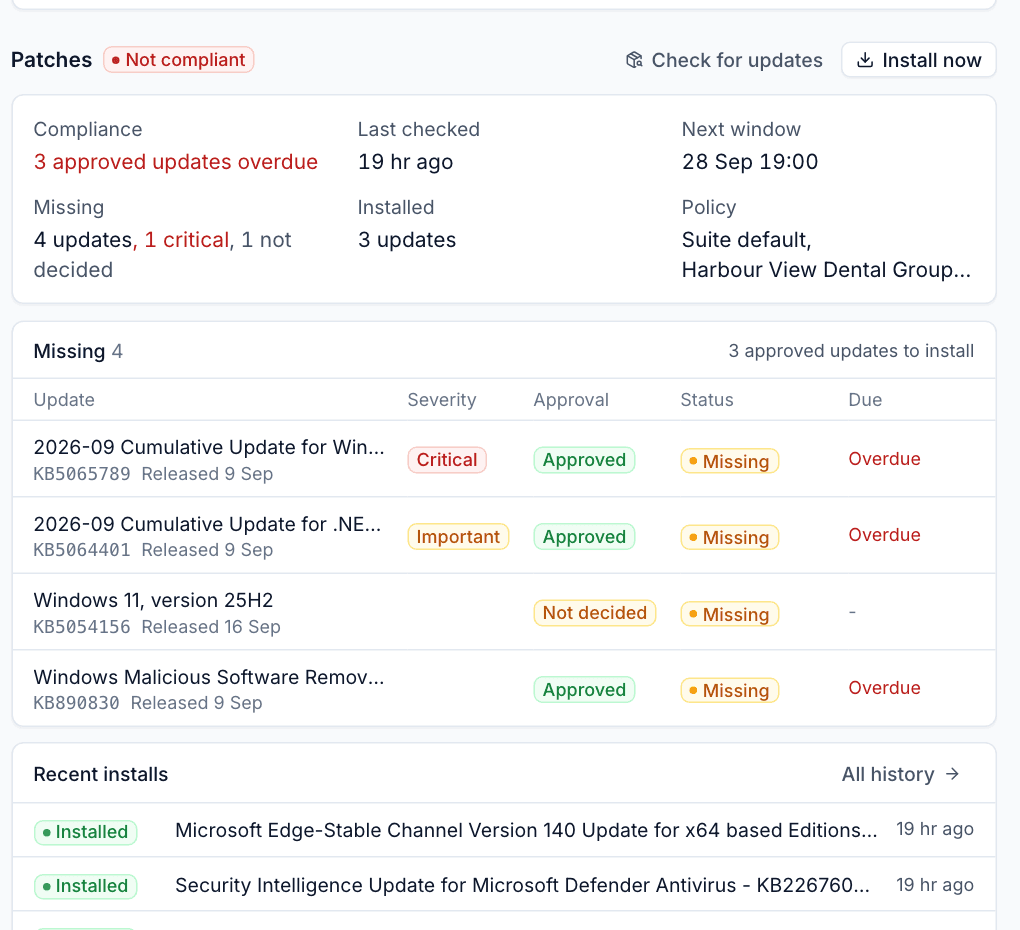 The Patches section on a device page