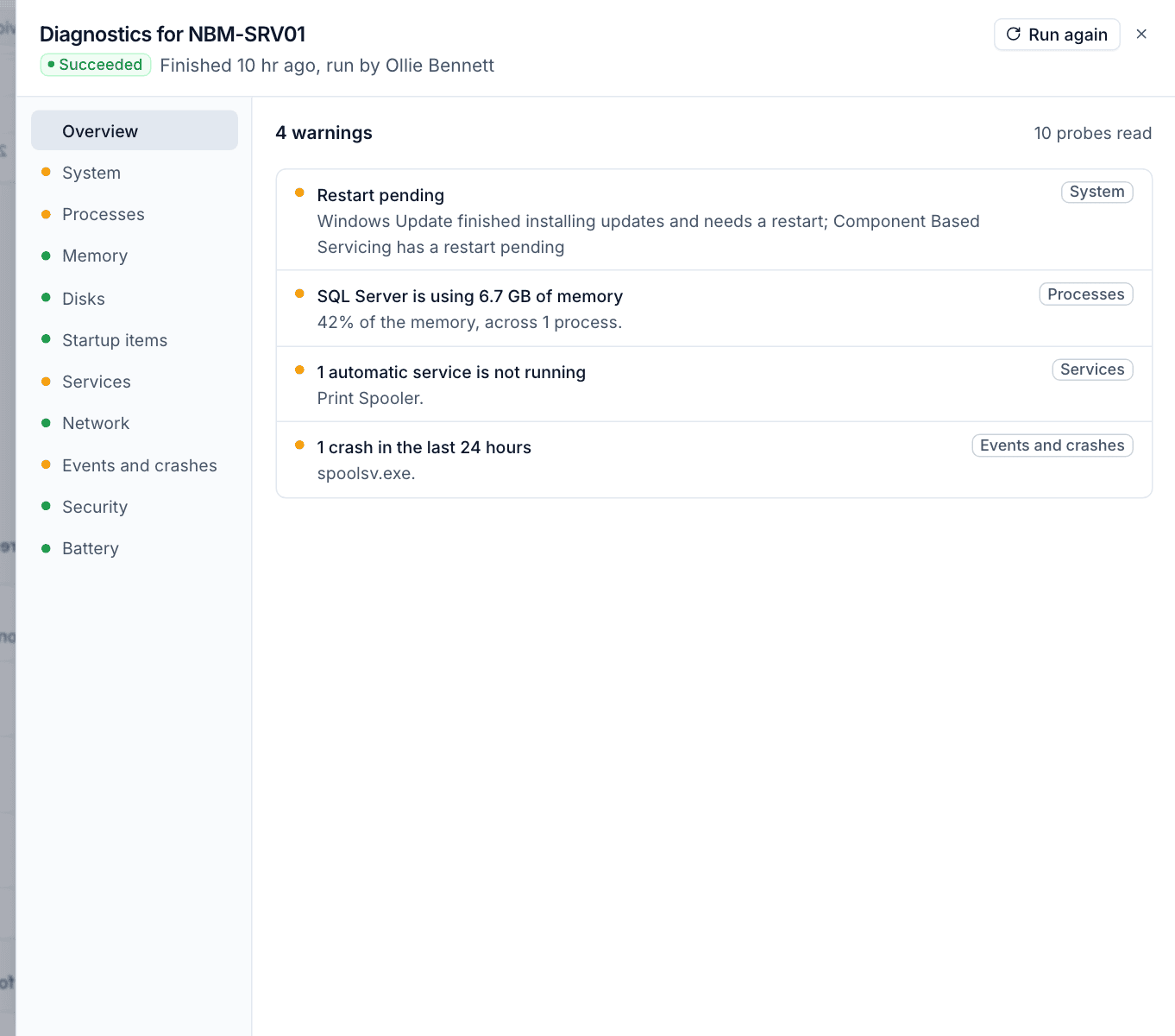The diagnostics results with the probe list and findings
