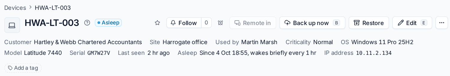 A sleeping laptop's page showing Asleep since a time and how often it wakes briefly