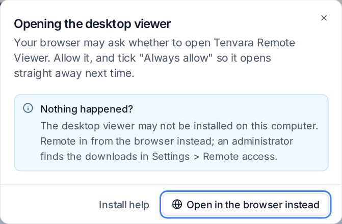 The Opening the desktop viewer dialog with Install help and Open in the browser instead