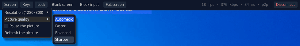 The desktop viewer's toolbar with the Screen menu open on Picture quality