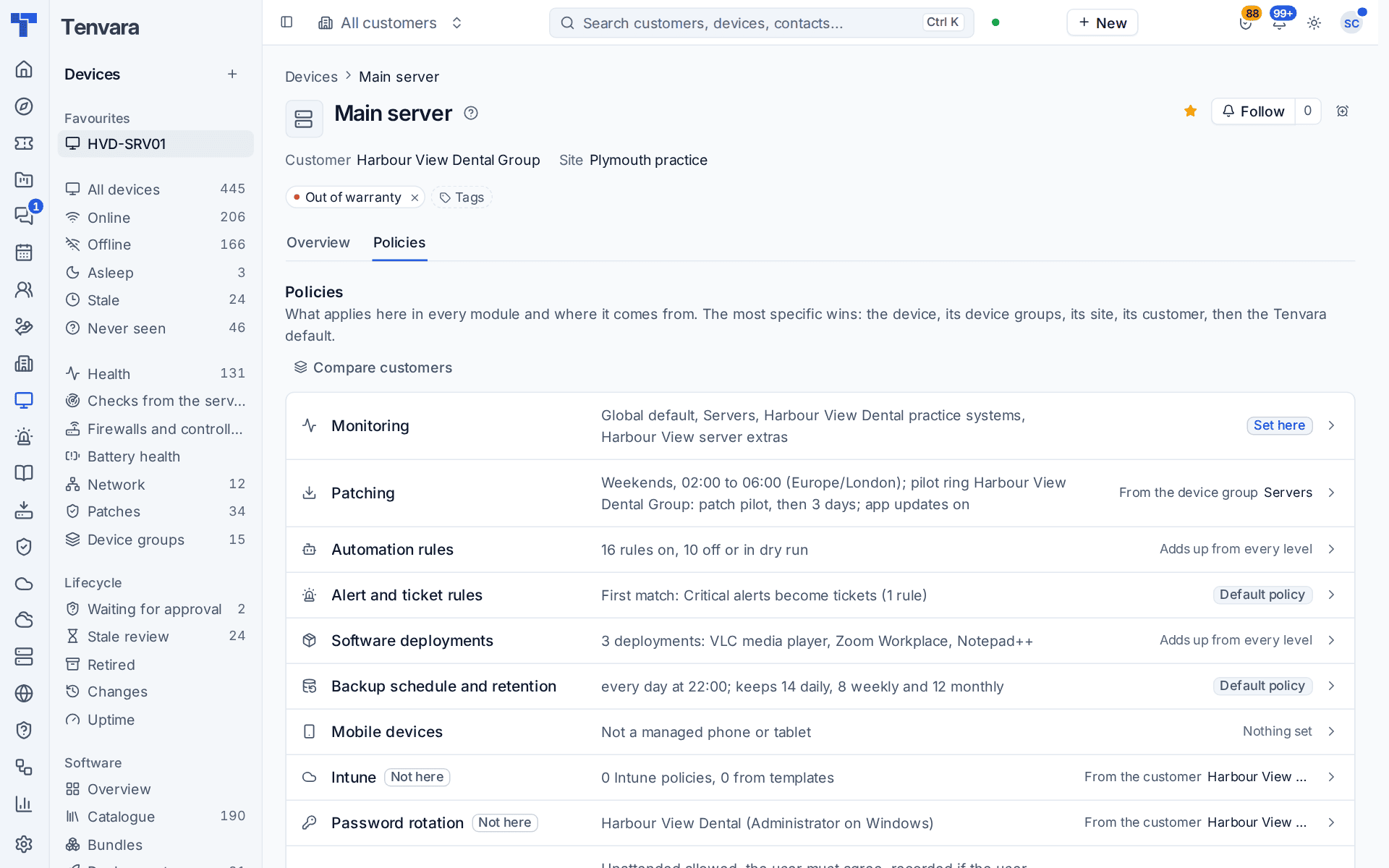 A device's Policies tab listing every module, what applies and where it comes from
