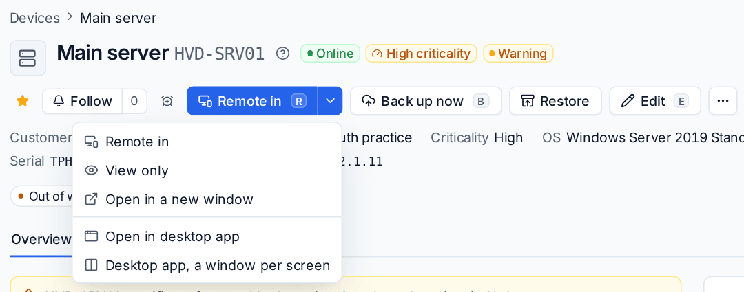 The Remote in menu with Open in desktop app and Desktop app, a window per screen