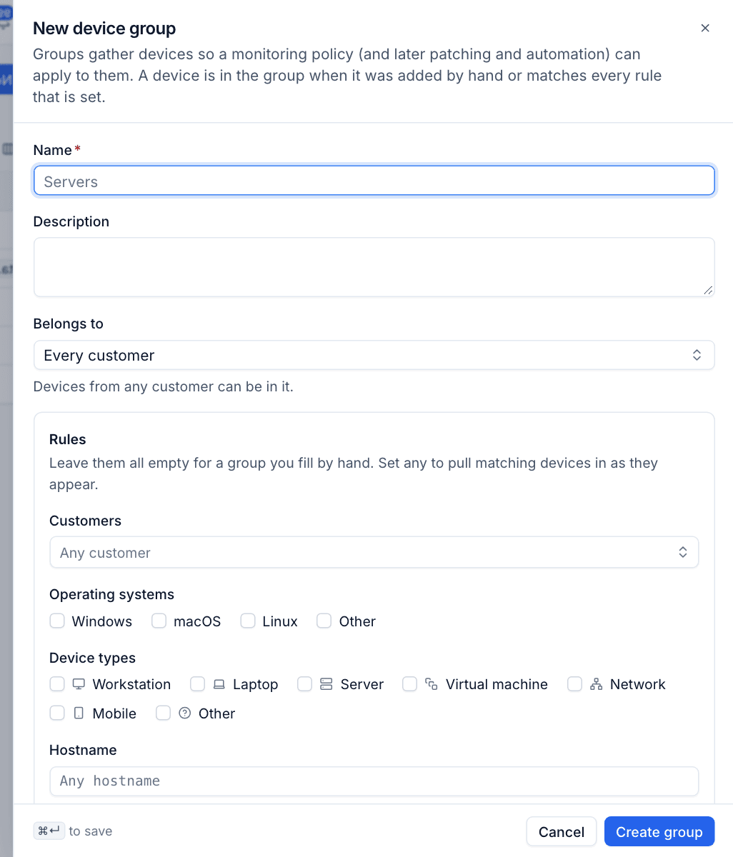 The New device group dialog with its rules