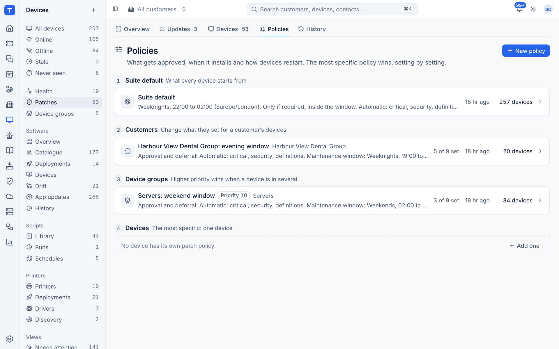 Patch policies in order: suite default, customers, device groups and devices
