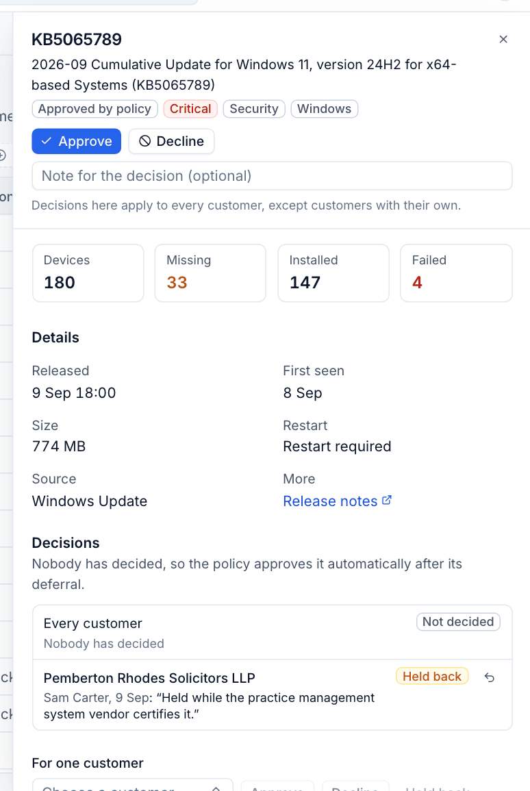 An update's panel with Approve, Decline and per-customer decisions
