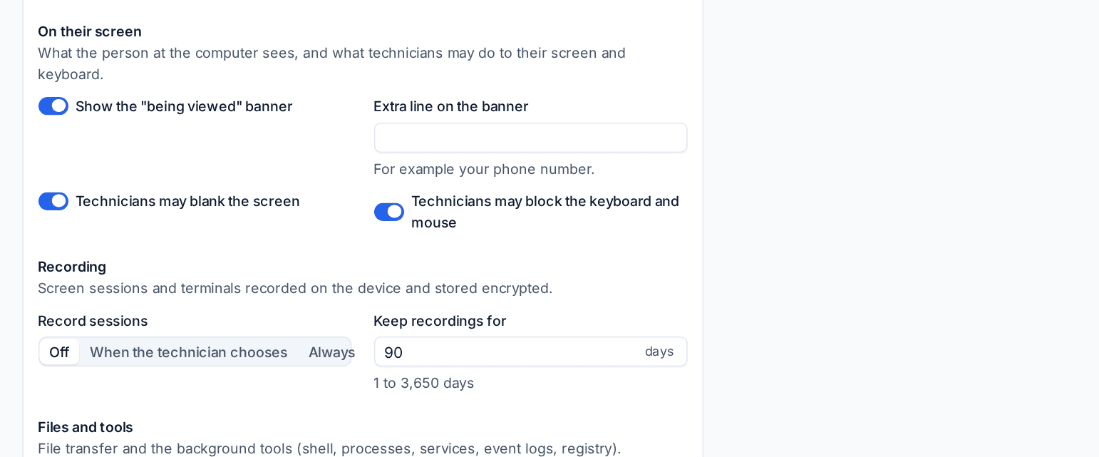 The session policy's screen, recording, and files and tools settings