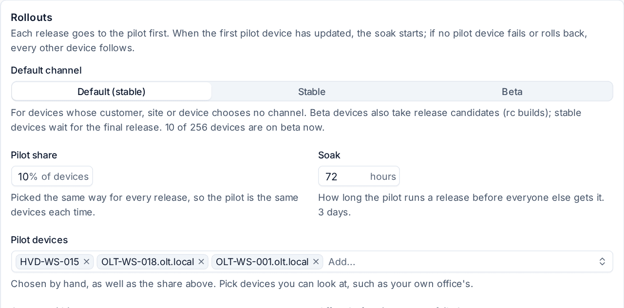 Rollout settings: default channel, pilot share, soak and pilot devices