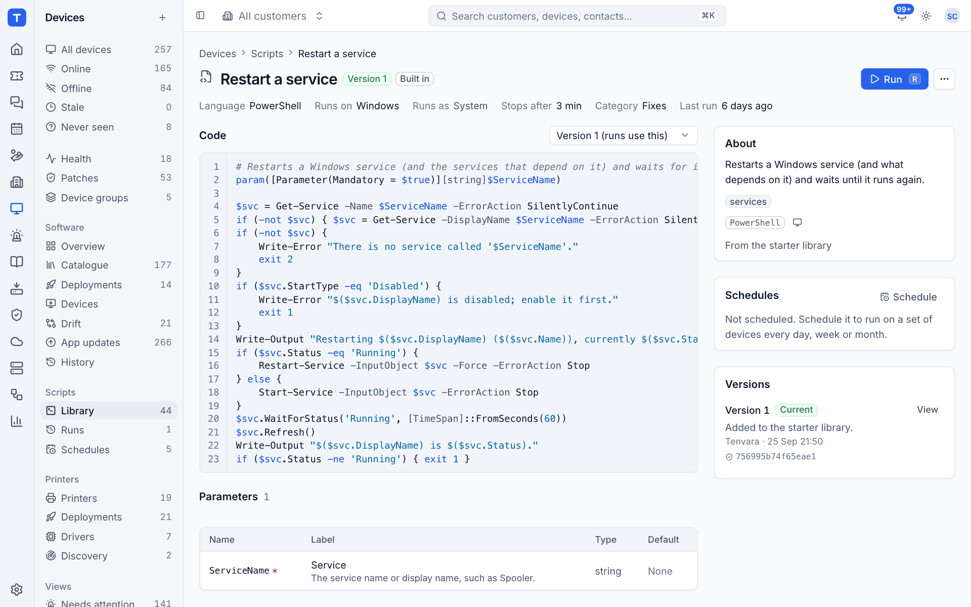 A script's page with its code, parameters and versions
