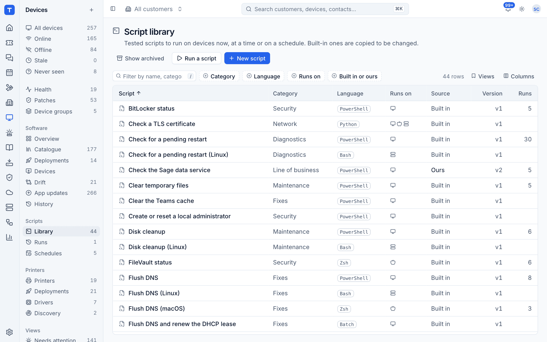 The script library with category, language and platforms