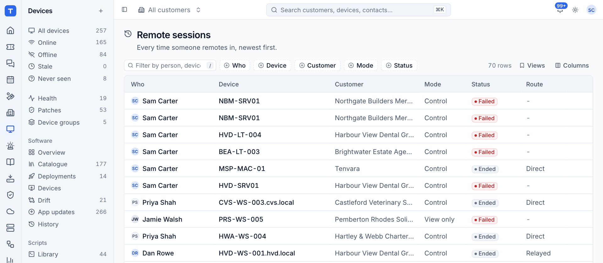 The remote sessions list