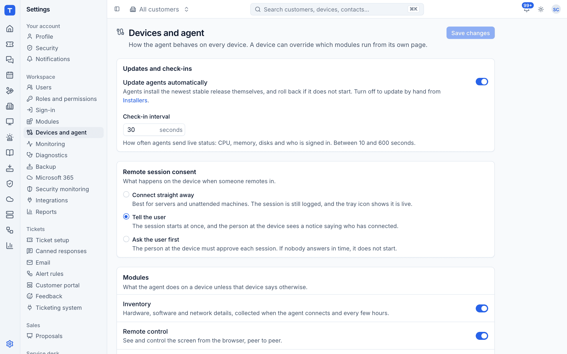 Remote session consent options in Devices and agent settings