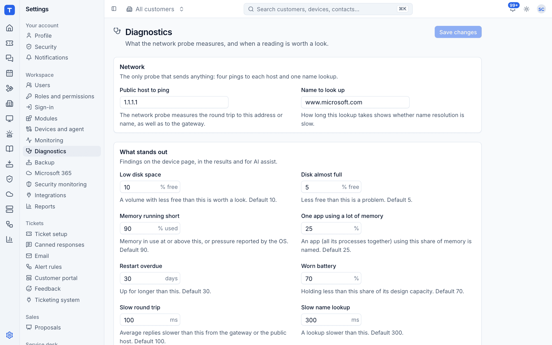 Diagnostics settings
