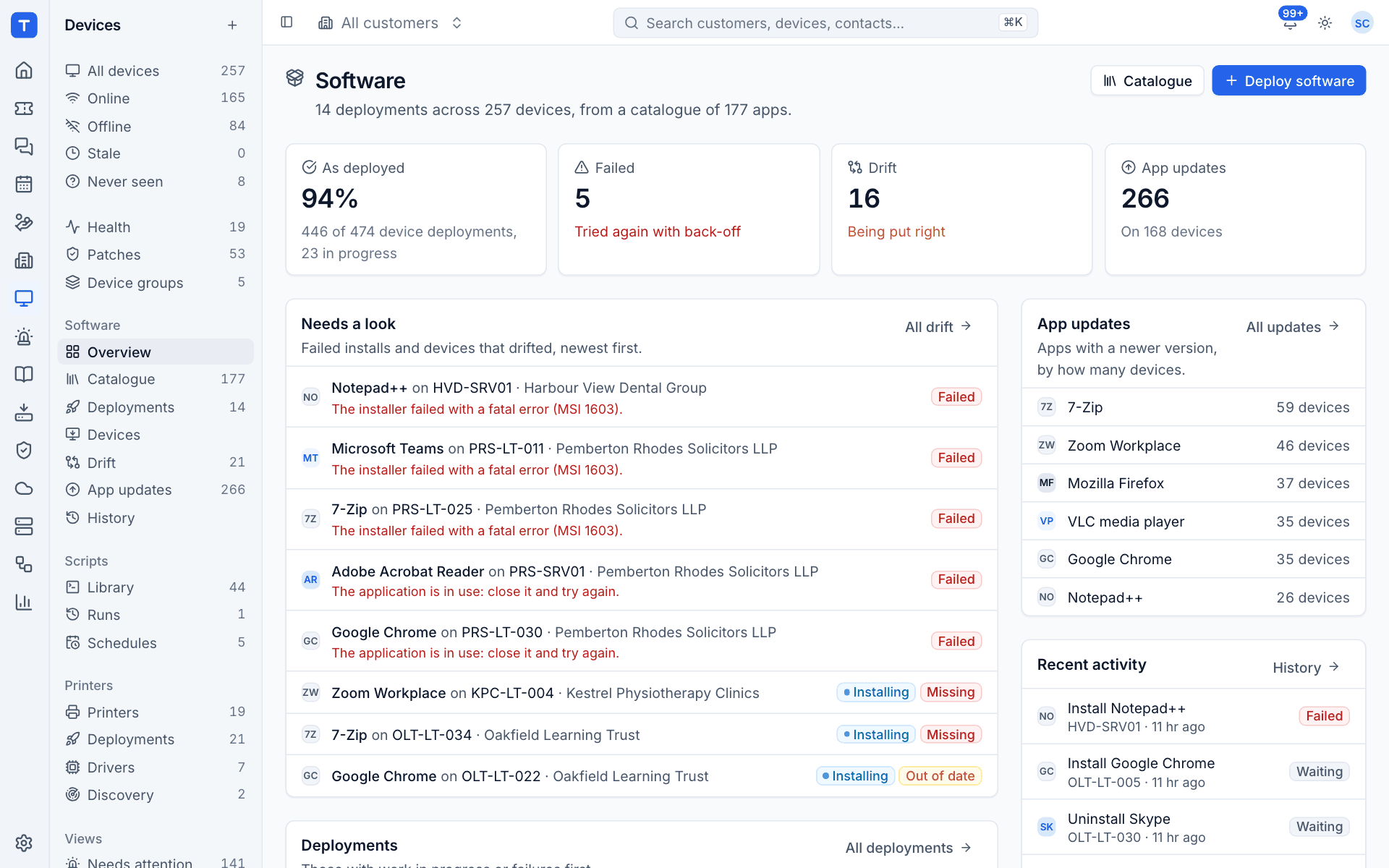 The software overview with deployment status, drift and app updates