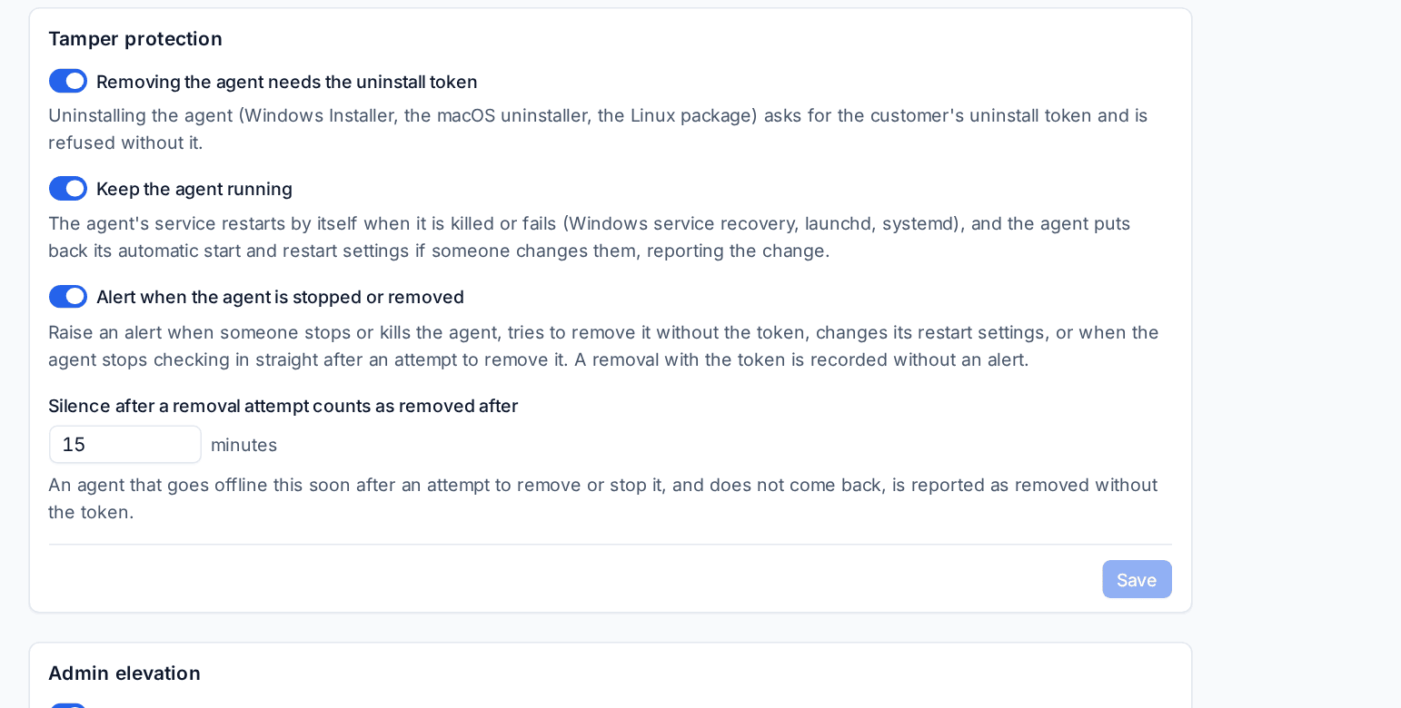Tamper protection settings: uninstall token, keep running, alerts and the silence window