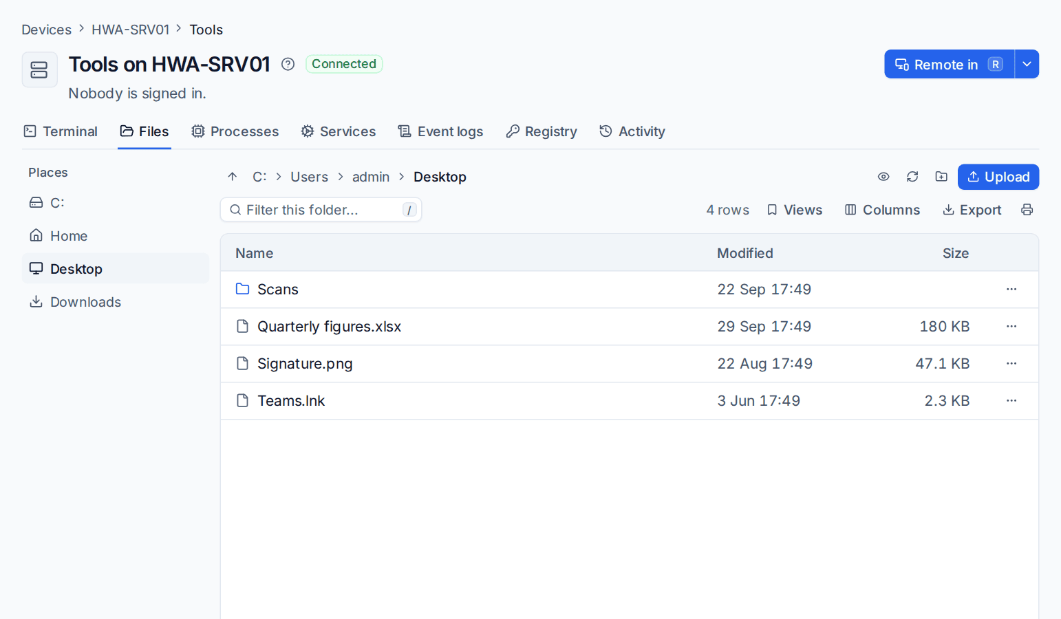 The Files tab with places on the left and an upload button